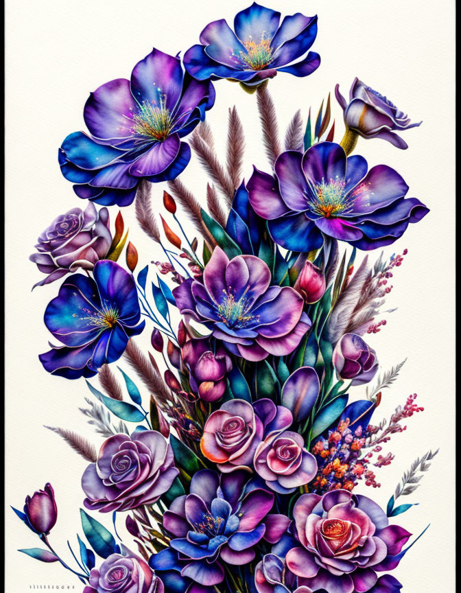 Colorful Illustrated Bouquet with Purple, Blue, Pink Flowers, Brown Wheat Ears, and Orange