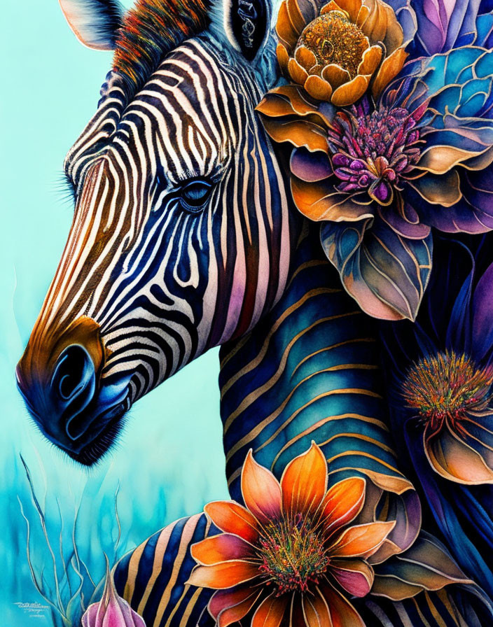 Vibrant zebra art with floral patterns on blue background