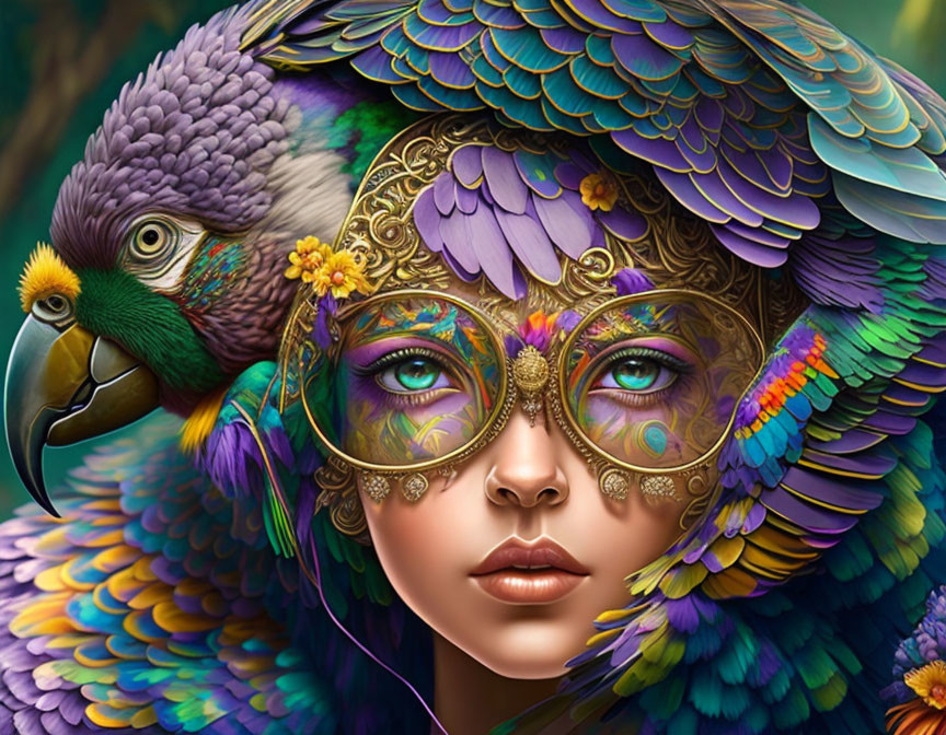 Surreal image: Woman's face merges with parrot features and golden eyewear in vibrant colors