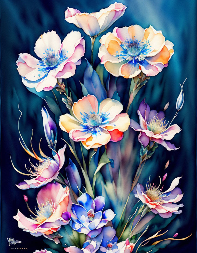 Colorful Watercolor Painting of Stylized Flower Bouquet