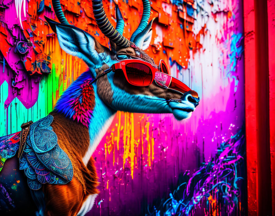 Colorful Deer with Sunglasses on Graffiti Background