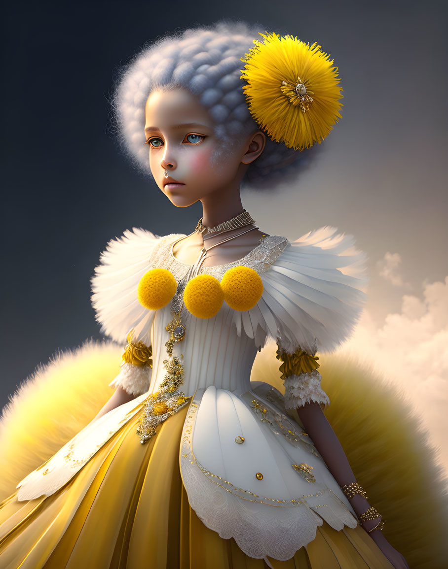 Digital artwork featuring girl in Victorian dress with yellow and white colors and gold accents against moody background