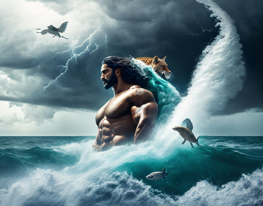 Muscular man with tattoos emerges from stormy ocean waves with lightning, fishes, and shark.