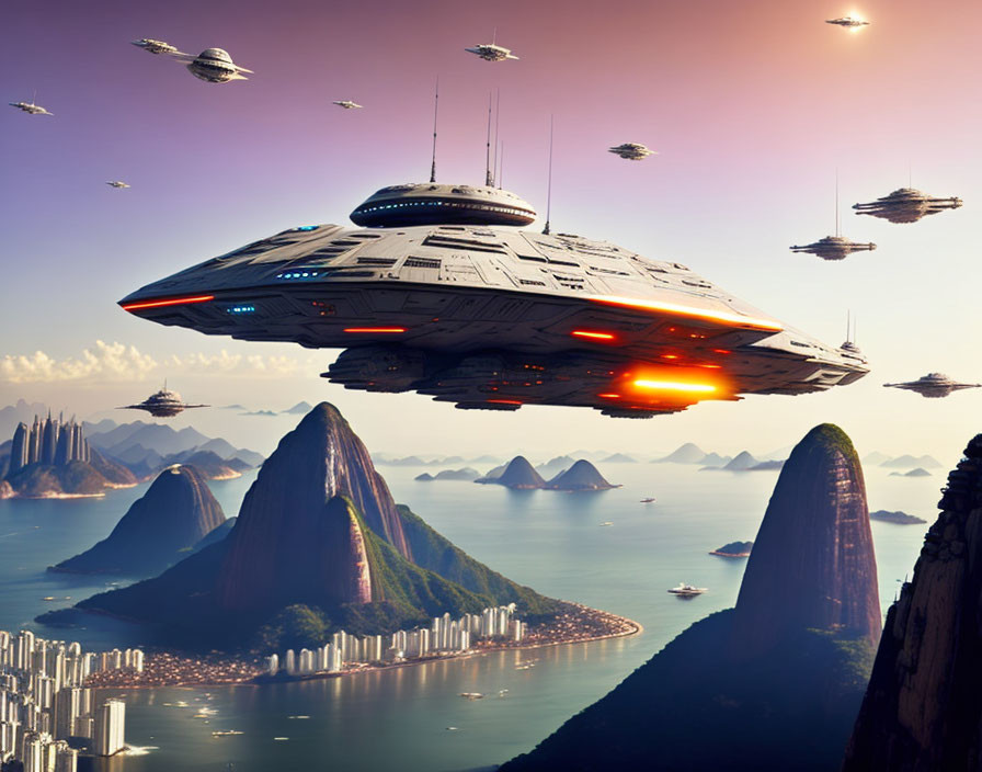 Futuristic coastal city with hovering spaceship and flying vehicles