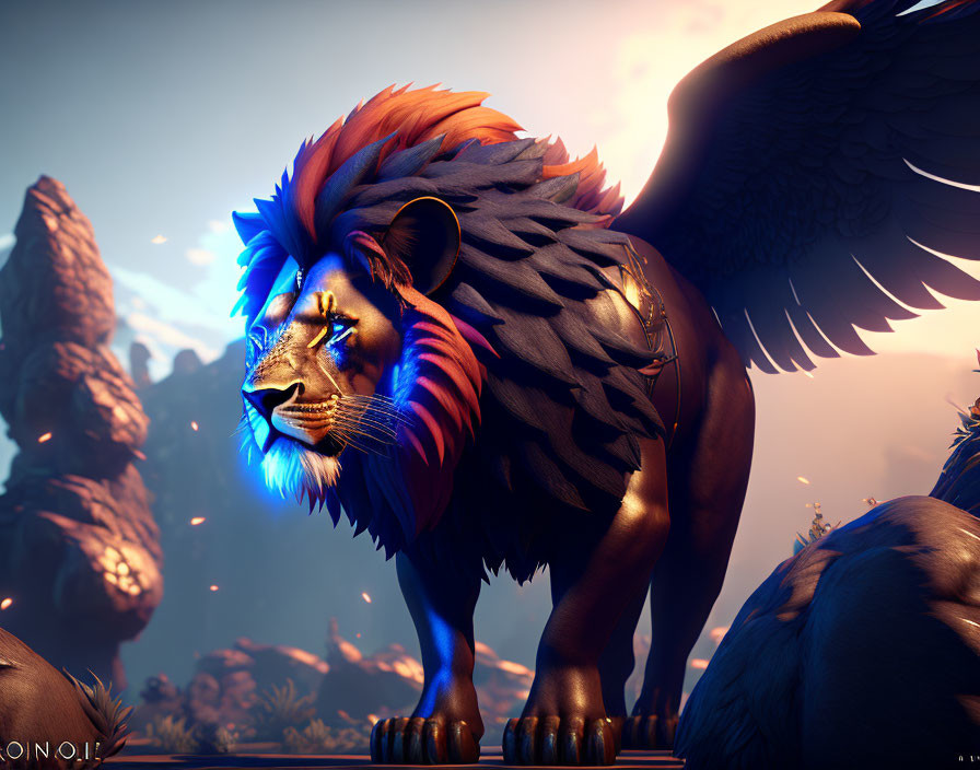 Majestic winged lion with blue mane against dusk sky and rocks