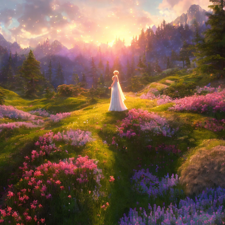 Person in White Cloak Standing in Vibrant Pink Flower Field at Sunset