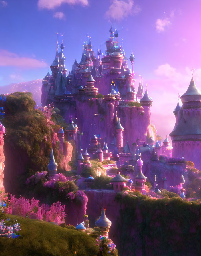 Majestic castle on cliff with spires and towers in magical sunset glow