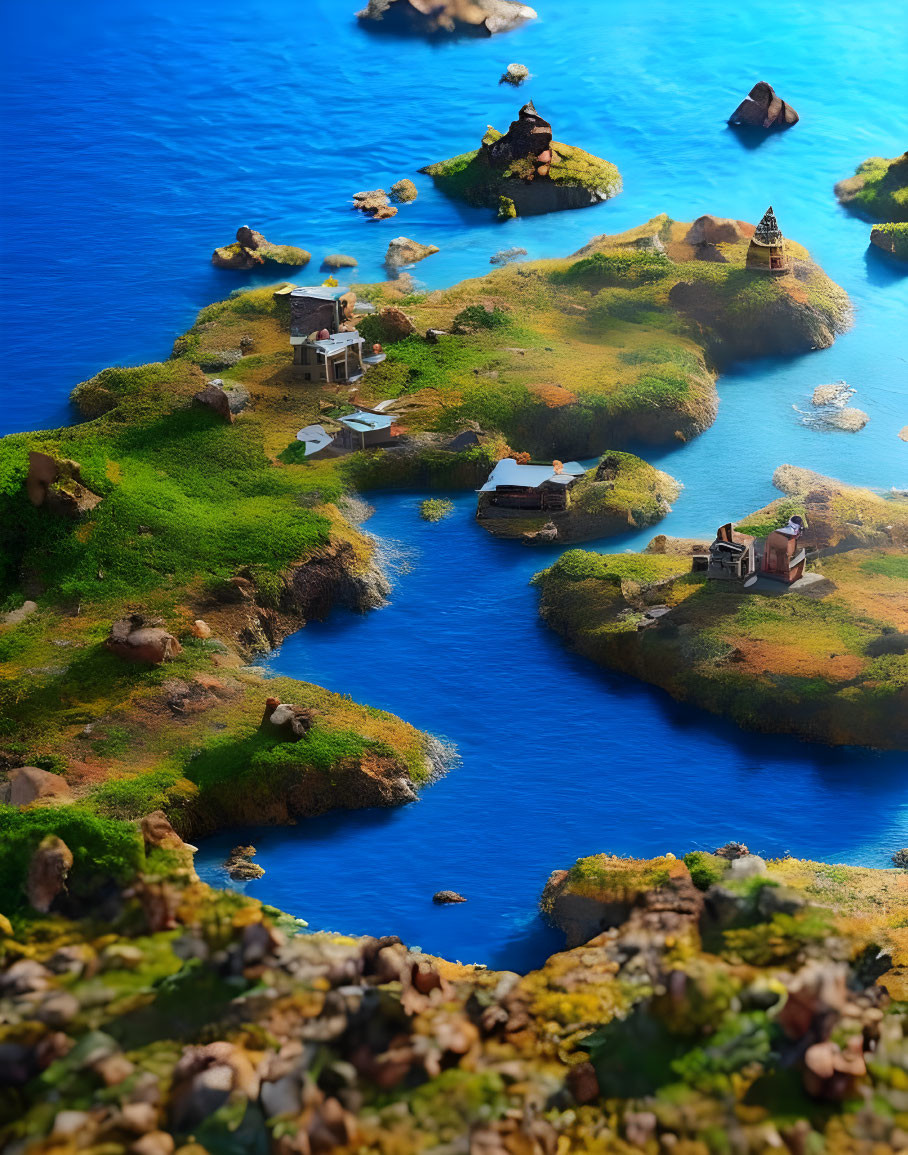 Detailed Coastal Village Miniature with Small Houses, Greenery, Rivers, Rocks, and Islets