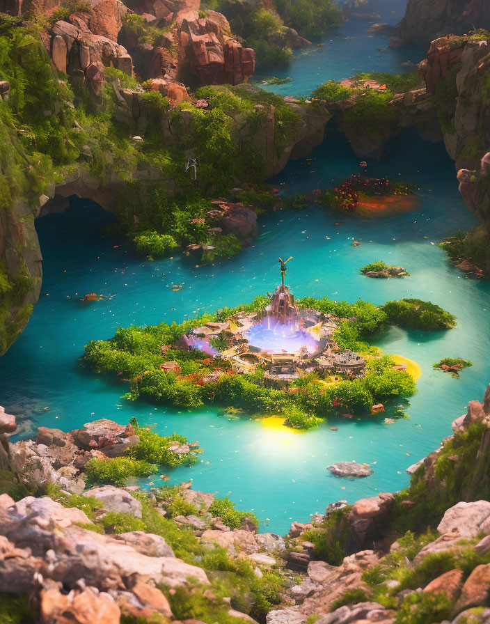 Mystical island with statue, turquoise waters, waterfalls, and cliffs