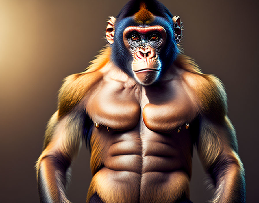 Digitally altered image of a muscular monkey on brown backdrop