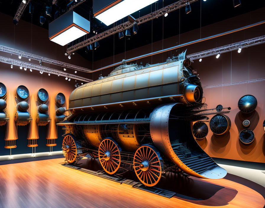 Vintage locomotive with large wheels and ornate detailing in exhibition hall with ambient lighting