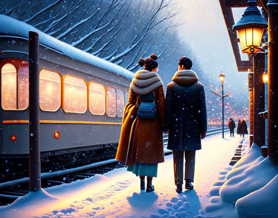 Couple holding hands on snow-covered train platform at dusk