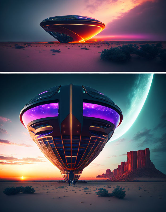 Futuristic spacecraft over desert landscapes with sunrise and crescent moon