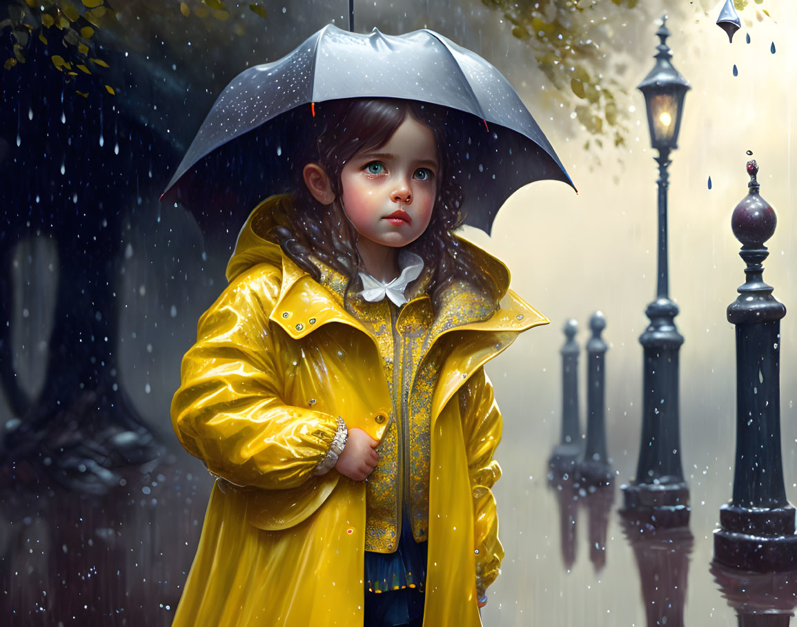 Young child in yellow raincoat with umbrella under glowing street lamps