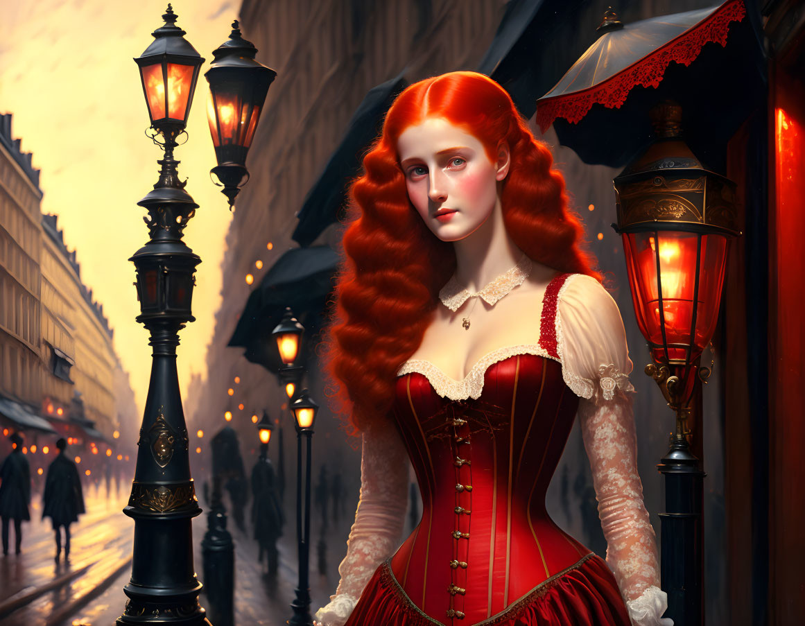 Digital artwork: Woman with red hair in Victorian corset dress on evening-lit street