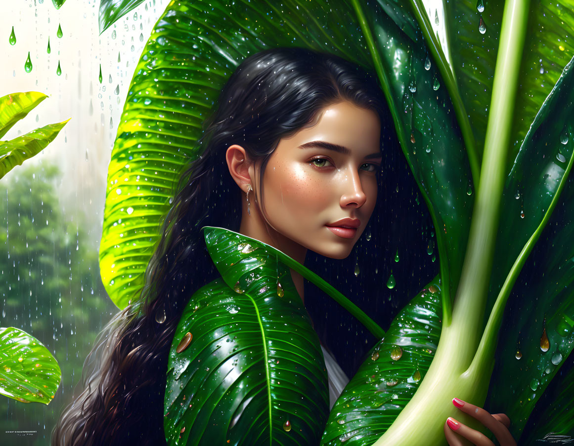 Dark-haired woman peeks through green leaves with raindrops, rain-streaked window in background