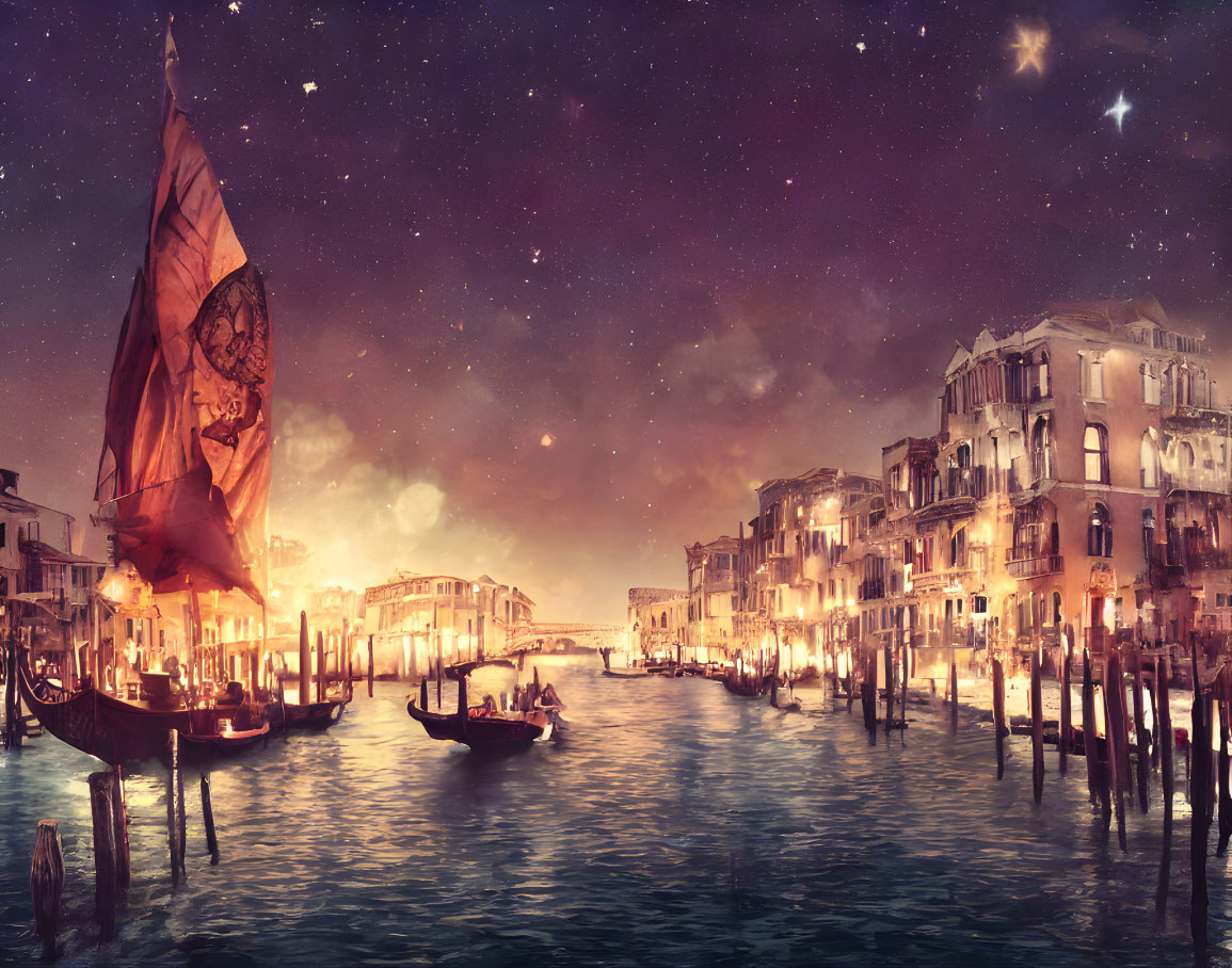 Venice Night Scene with Gondolas and Grand Canal