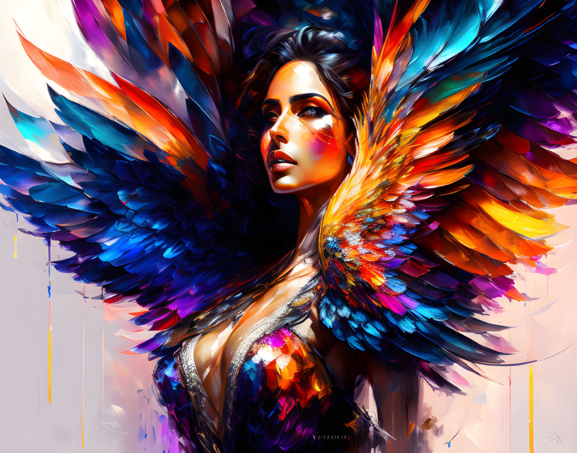 Colorful digital artwork: Woman with phoenix-like feathered wings.