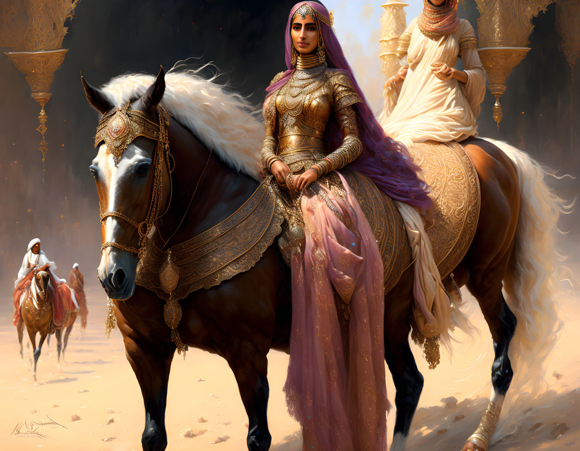 Traditional armor-clad woman with white horse in desert setting