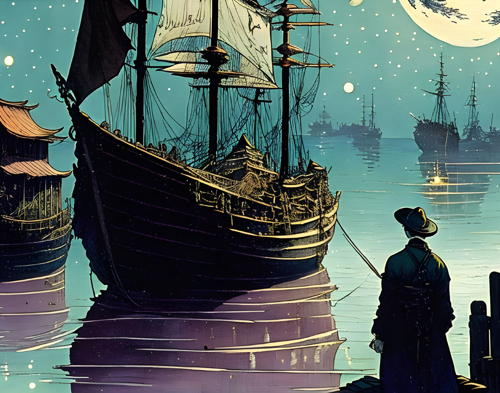 Stylized illustration of person admiring ancient ships at night