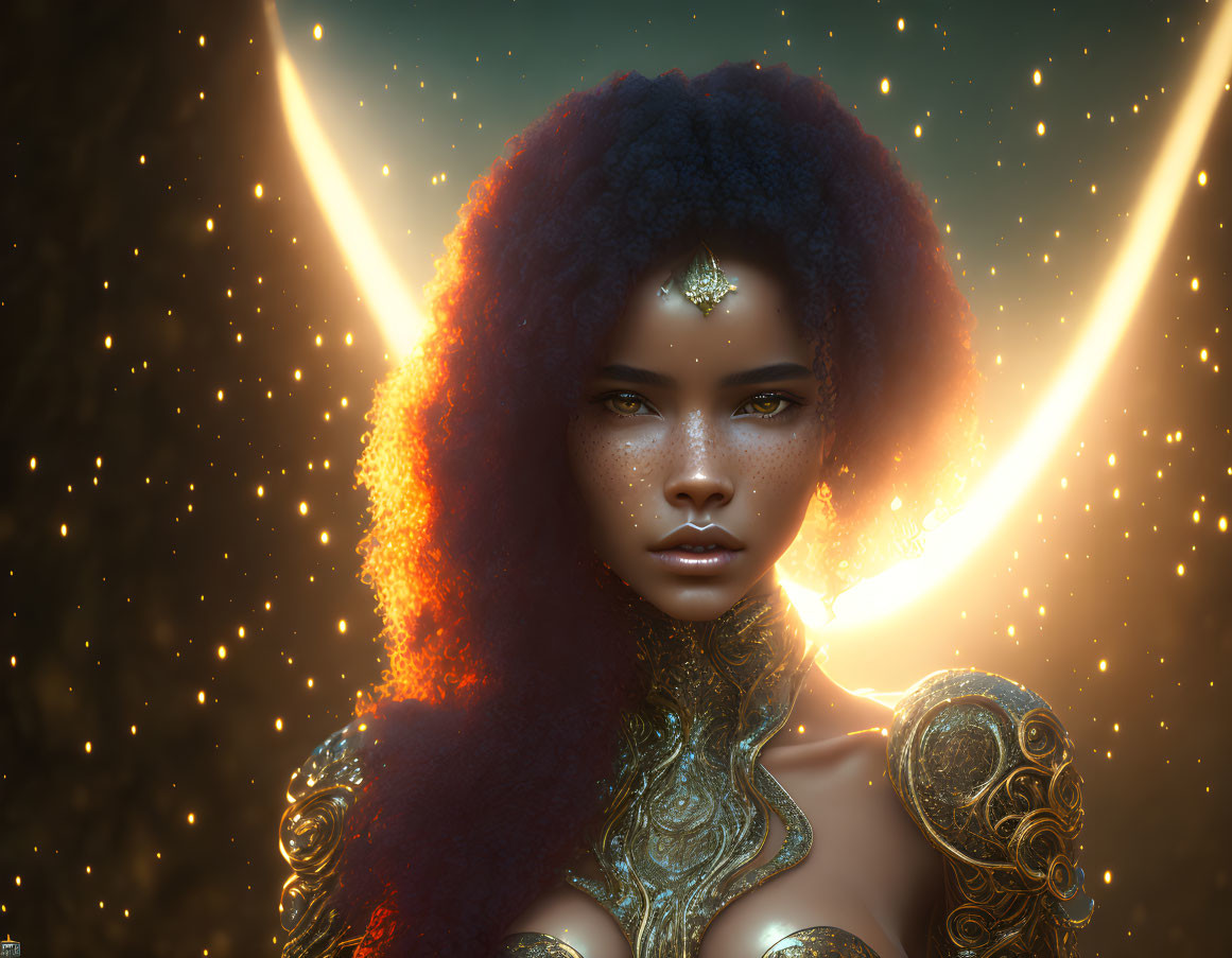 Digital portrait of woman with curly hair, jewel on forehead, gold shoulder armor, shimmering lights,