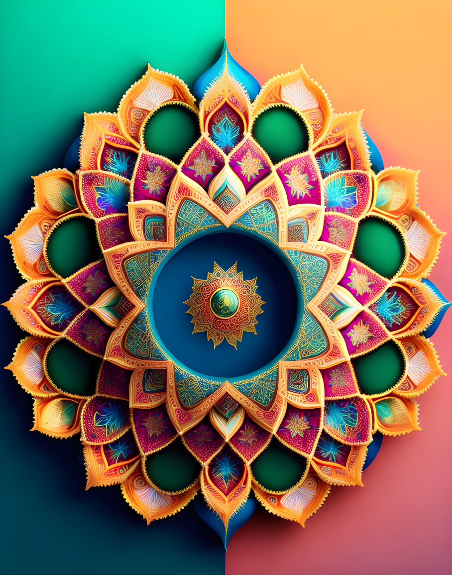 Colorful mandala design on split teal, green, orange, and pink background