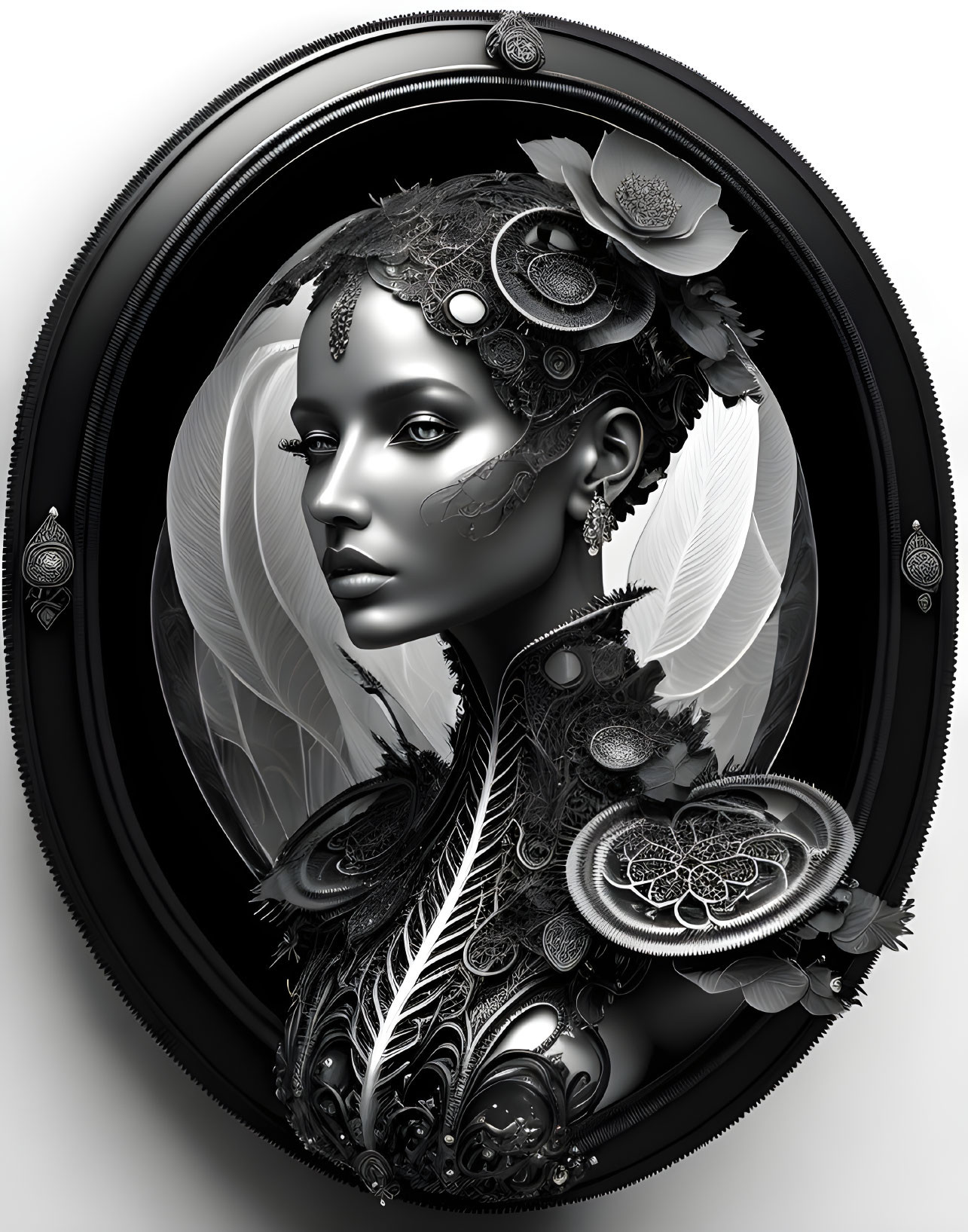 Monochromatic 3D artwork of woman with metallic floral adornments and feathers