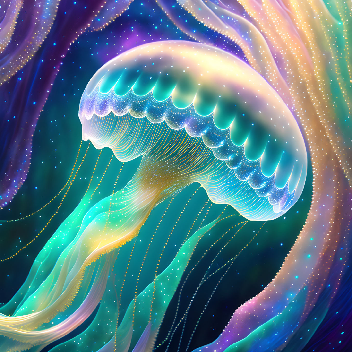 Blue and Yellow Luminescent Jellyfish in Vibrant Underwater Scene