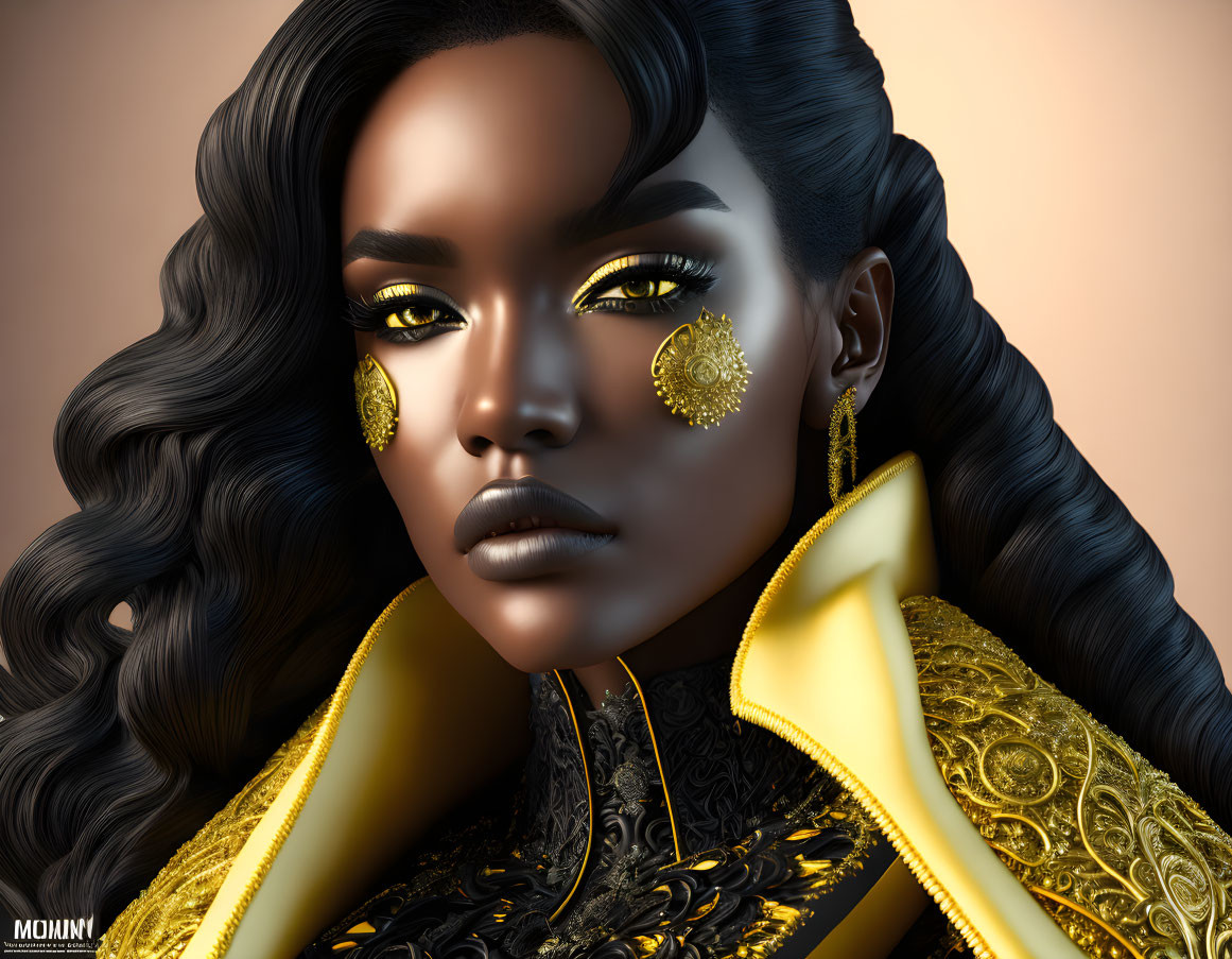 Digital Art Portrait of Woman with Striking Gold Eyeshadow and Elaborate Earrings