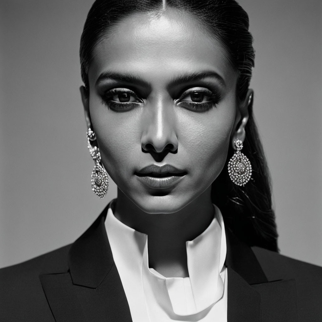 Monochrome portrait of woman with striking makeup and elegant attire