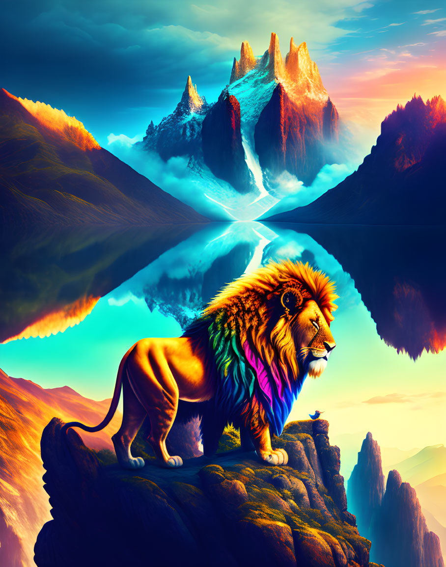 Majestic lion on cliff in vibrant surreal landscape