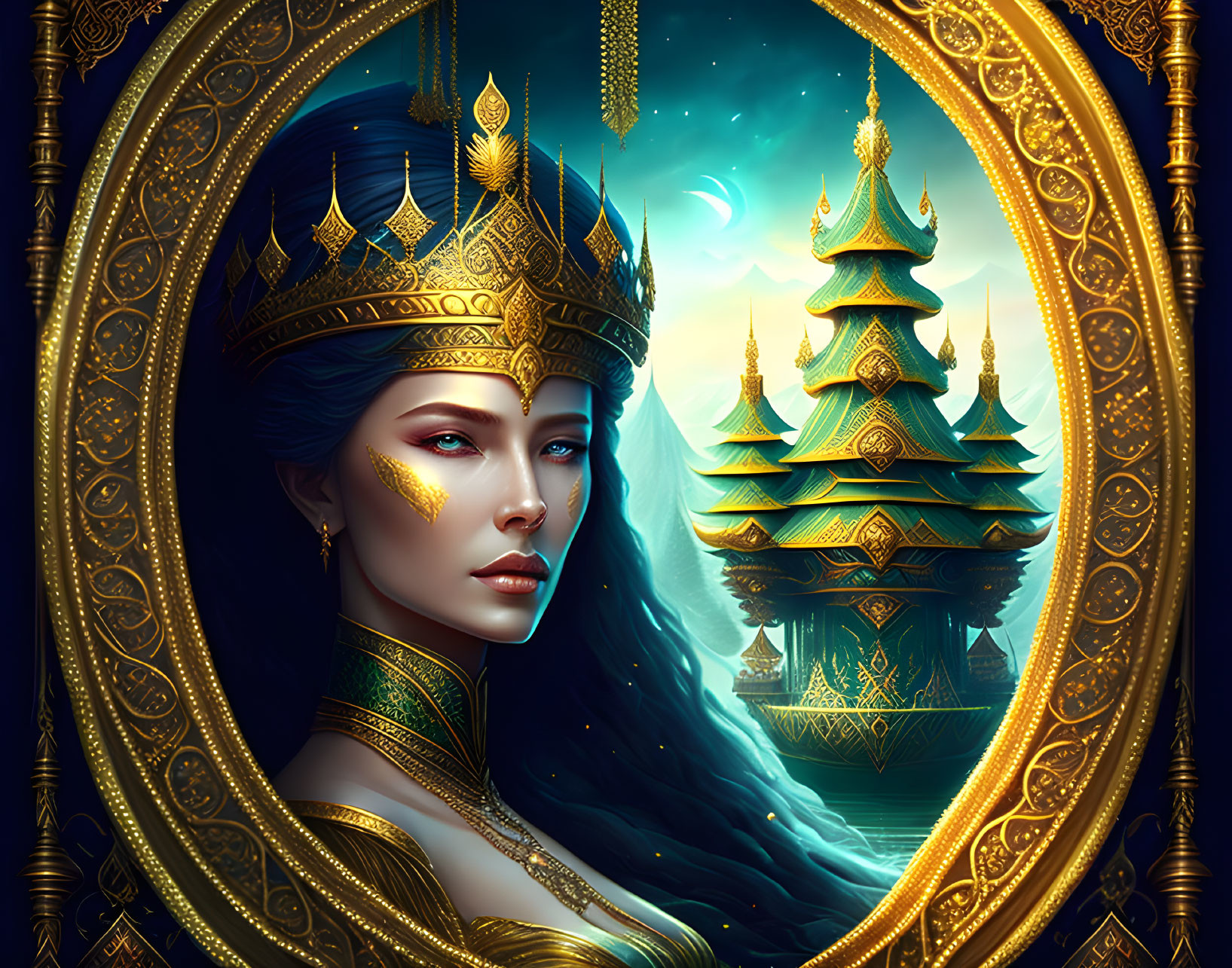 Blue-eyed woman in golden attire and crown, set in ornate frame with temple and night sky.