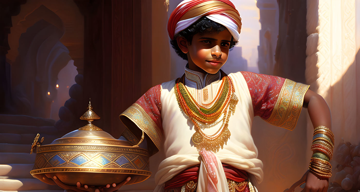 Young boy in traditional Indian attire holding golden tray in palace interior.