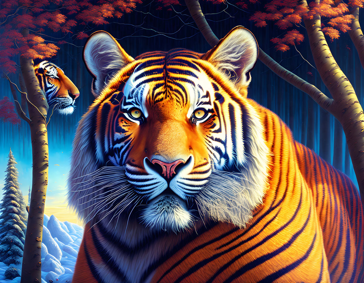 Vividly colored tiger artwork in wintry forest setting