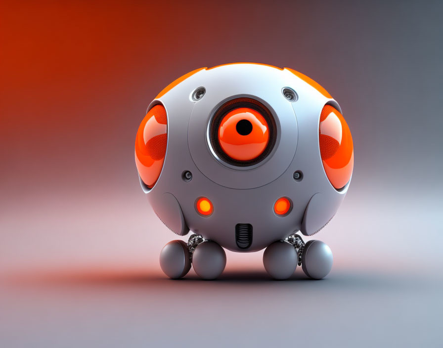 White spherical robot with orange accents and red eye on metallic legs.