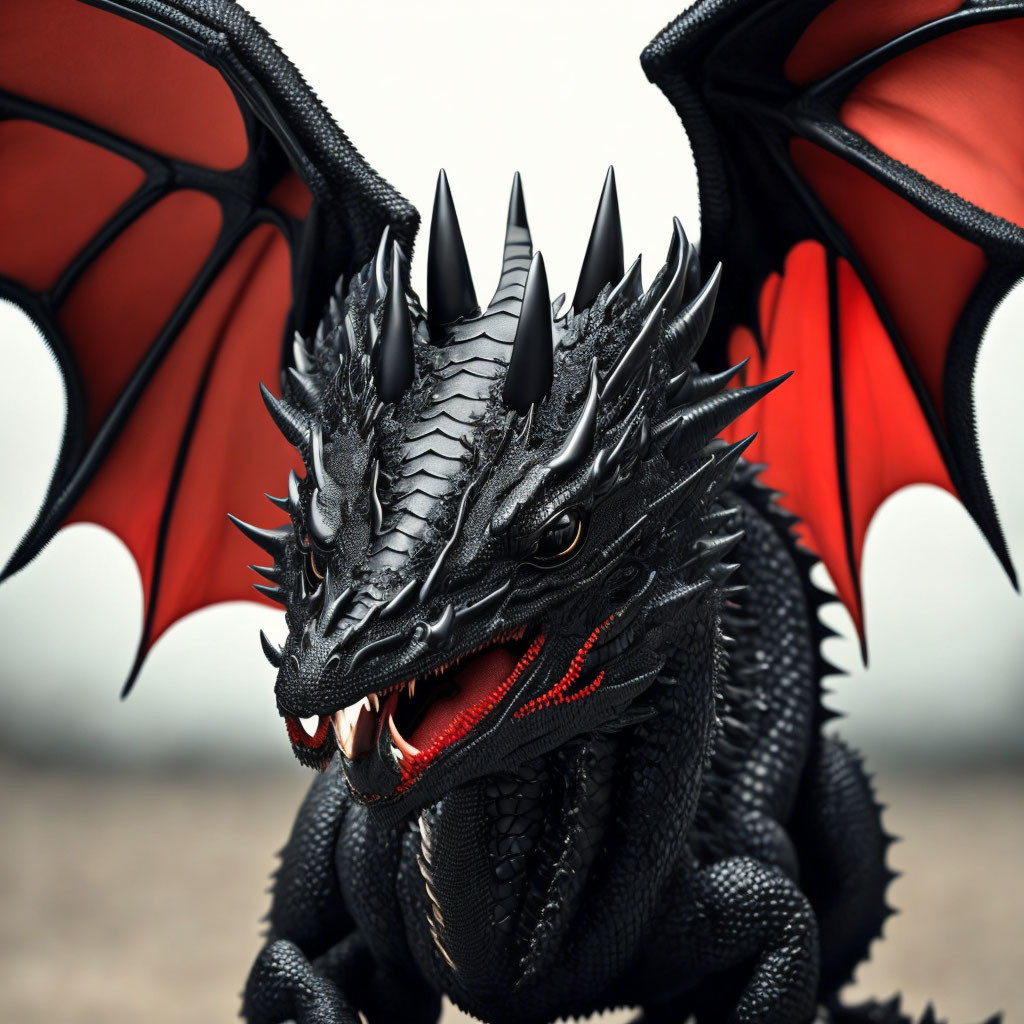 Detailed Black Dragon Model with Spikes, Red Eyes, and Outstretched Wings