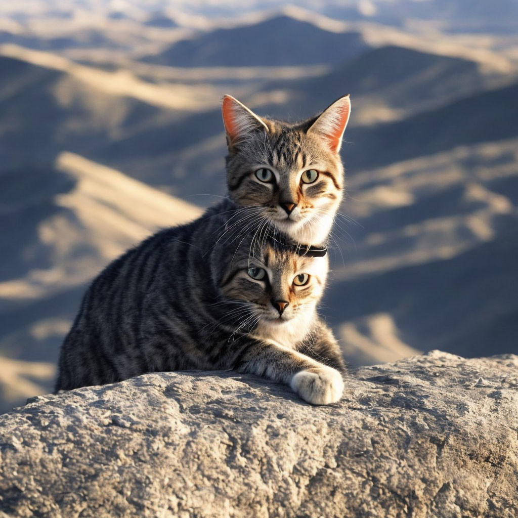 Two Gray Tabby Cats Sitting on Rock with Soft-focused Rolling Hills