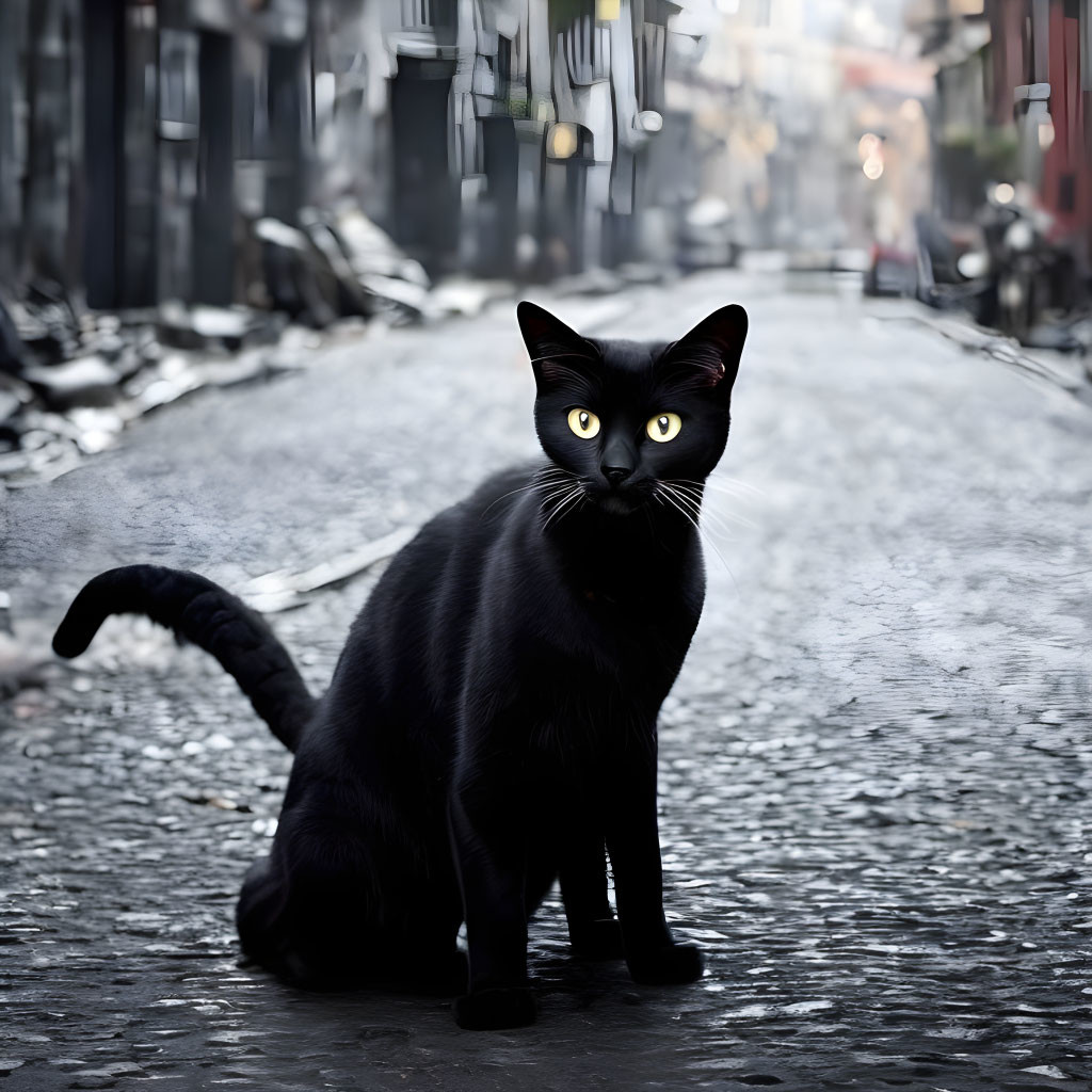 Black Cat with Yellow Eyes in Cobblestone Alleyway