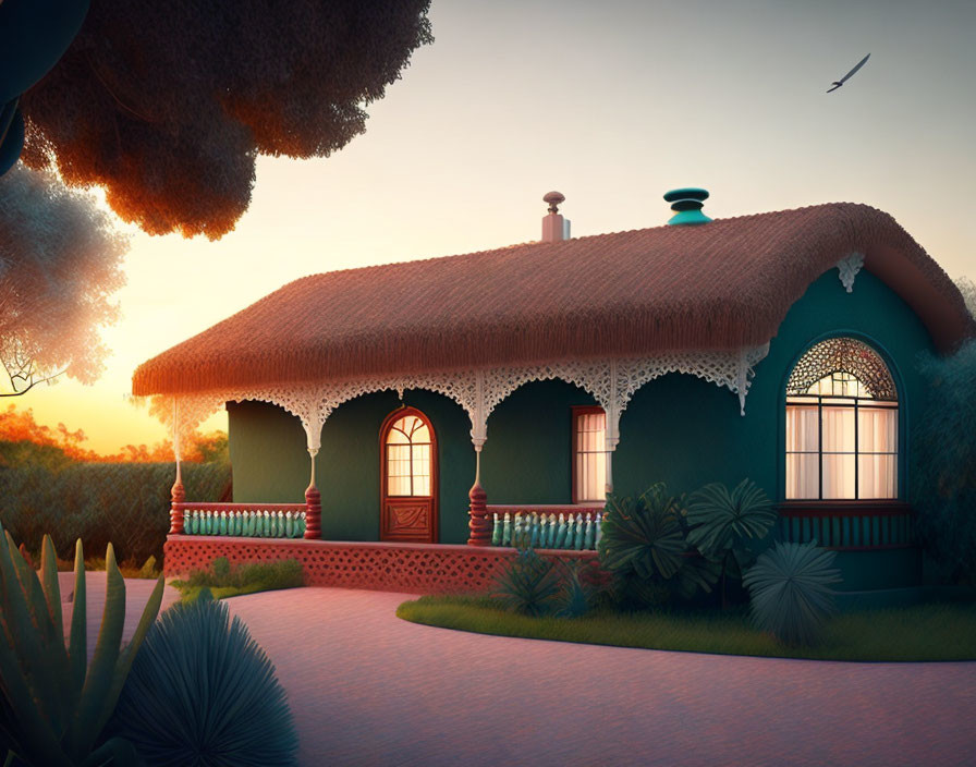 Thatched Roof Cottage Surrounded by Lush Vegetation at Sunset