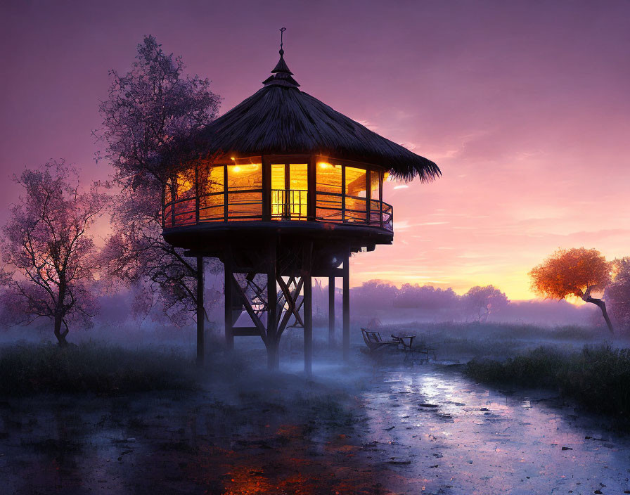 Twilight scene with lit treehouse in misty setting and solitary bench