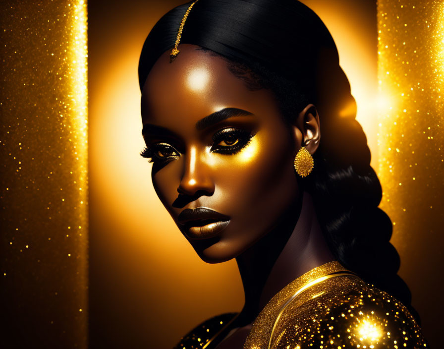 Portrait of a woman with black hair and golden makeup on shimmering background