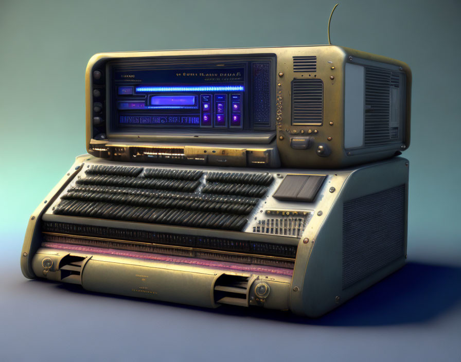 Retro vintage radio-TV hybrid unit with keyboard on gradient background