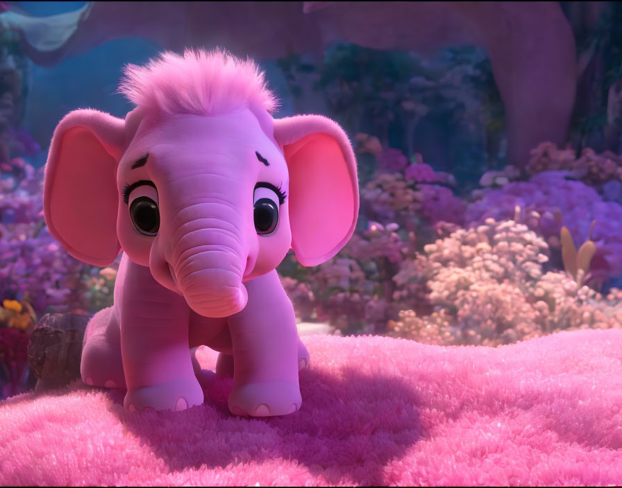 Animated Pink Baby Elephant in Magical Forest Scene