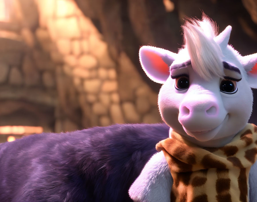 3D-animated giraffe character with white hair and scarf smiles against rocky backdrop