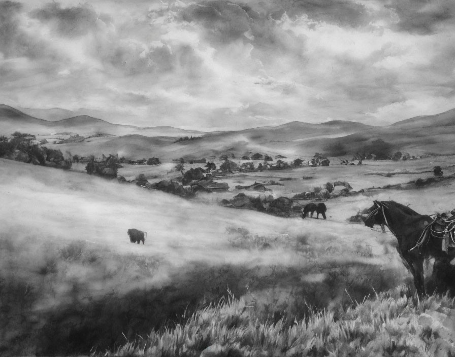 Monochrome painting of serene landscape with rolling hills and horses