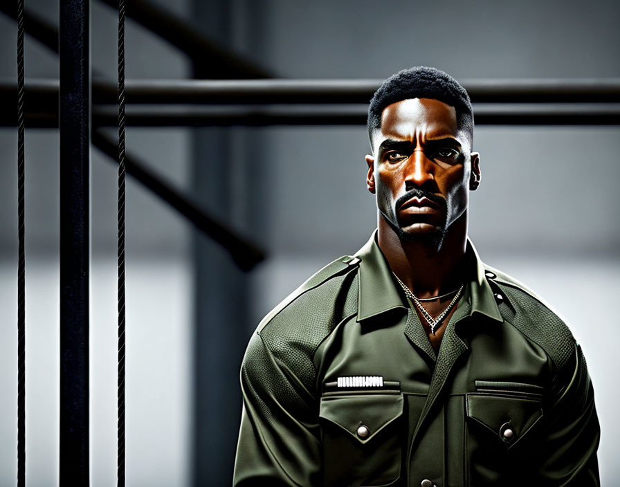 Confident man in green military-style shirt with dog tags in front of blurred bar background