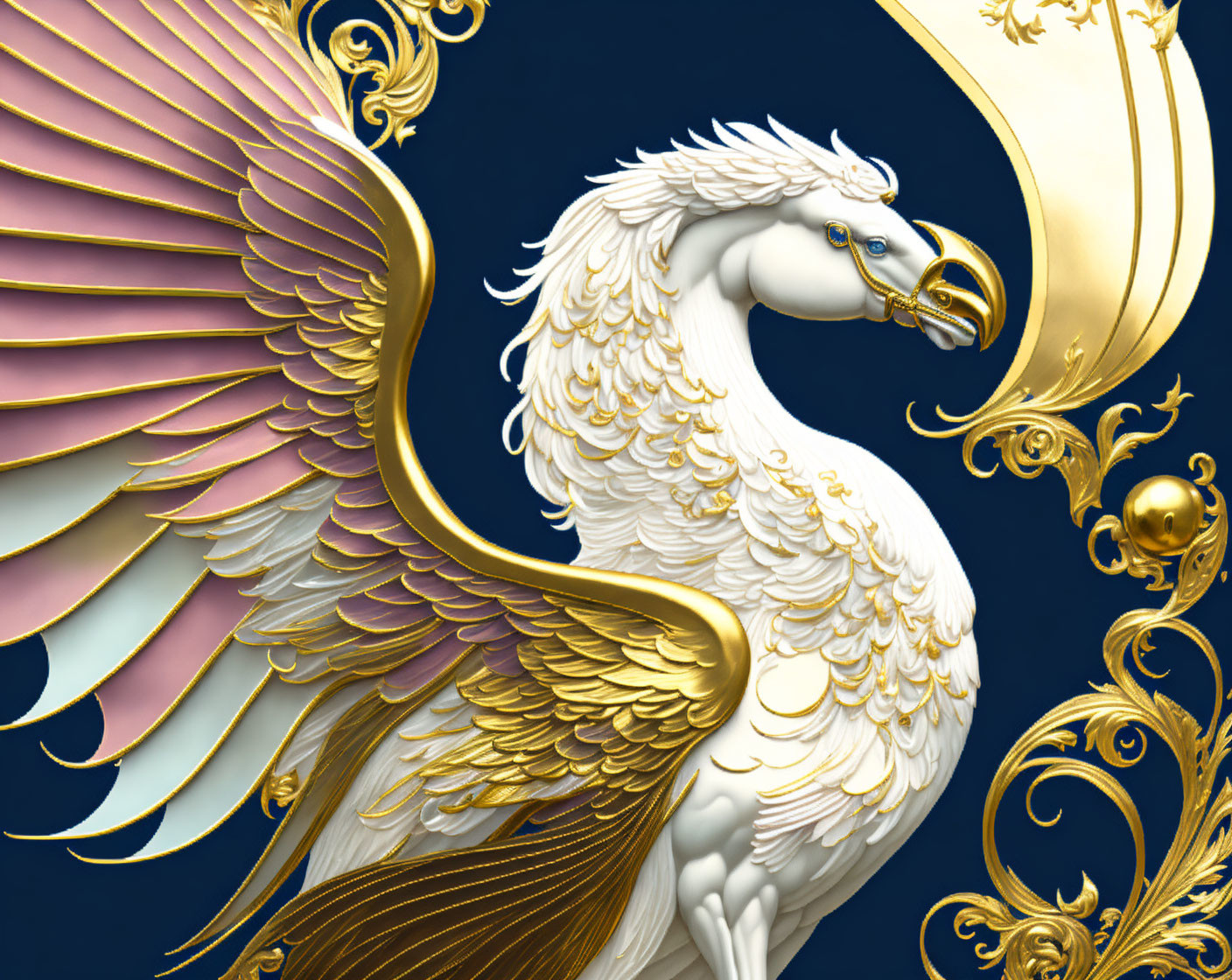 Majestic white and gold bird on blue background with baroque gold accents