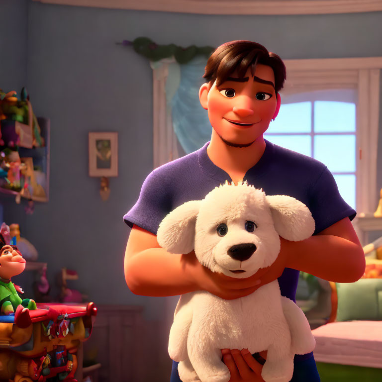 Smiling young man with white dog in toy-filled room.