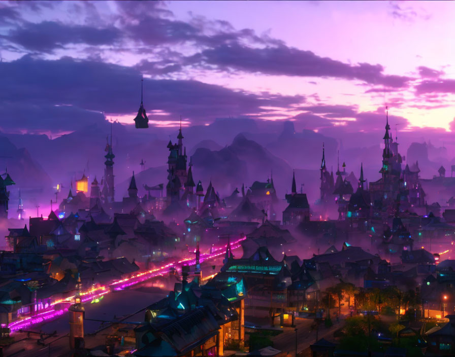 Fantasy cityscape at dusk: purple hues, illuminated buildings, spires, river reflection.