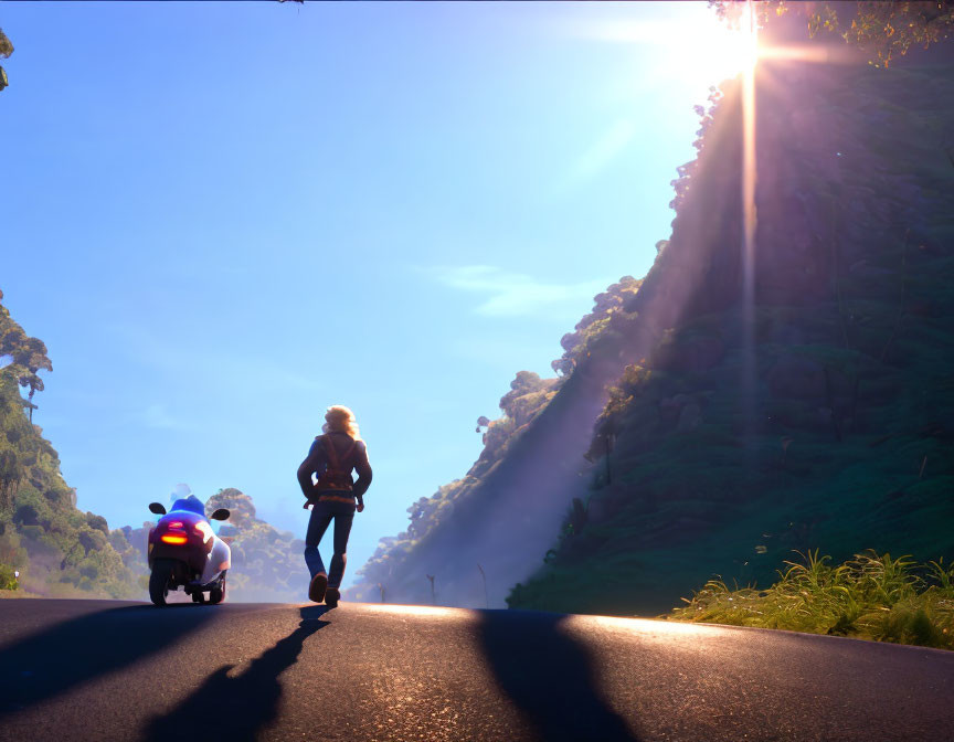 Skateboarder and motorbike rider on idyllic road with sunbeams